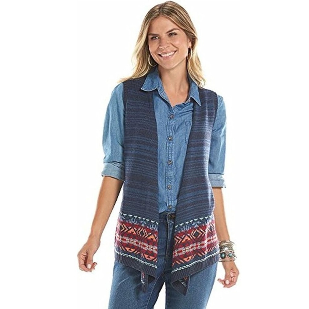 NWT Chaps Women's Open Front Sweater Vest Blue Selma Fair Isle Sleeveless Cardi